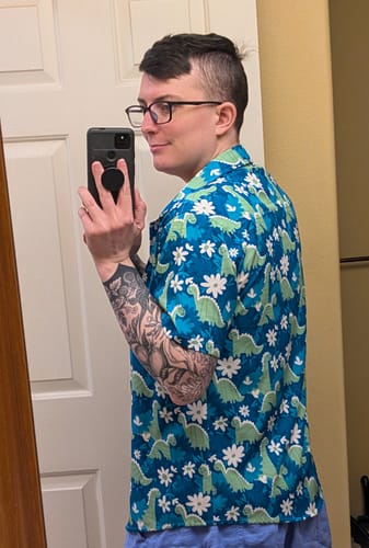 Customer photo review of Dinosaur Smiles Flowers and Leaves Button Up Shirt