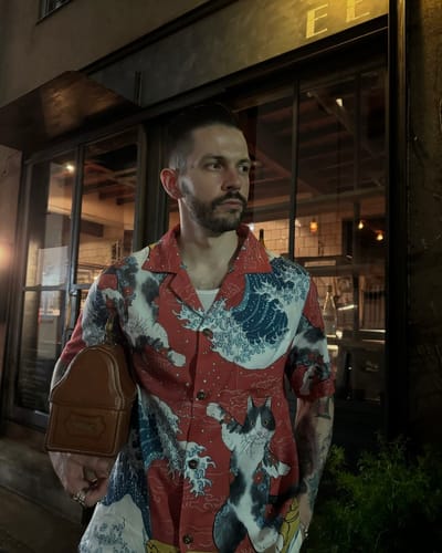 Customer photo review of Surfing Tattooed Cat Cotton Camp Shirt