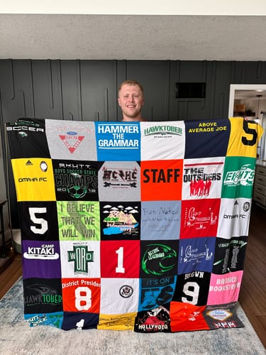T-shirt quilt featuring omaha north high school football team, bronco football team by Marcia from NE