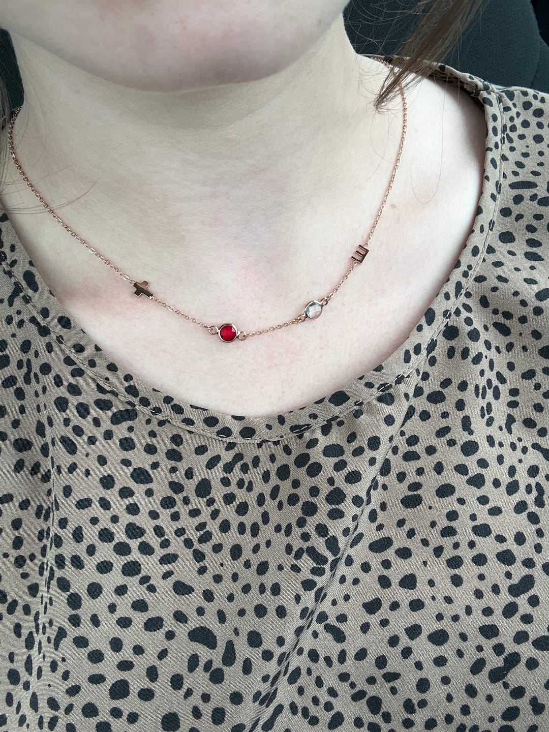 Customer photo review of Birthstone Initial Necklace