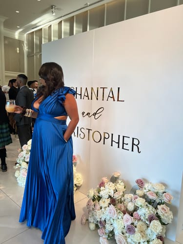 Customer photo review of Santorini Cutout Pleated Jumpsuit by Mac Duggal - RENTAL