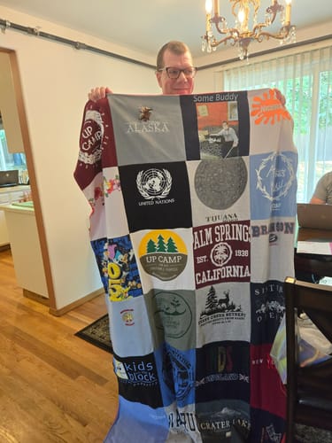 T-shirt quilt with travel, camping themes by Laura from OR