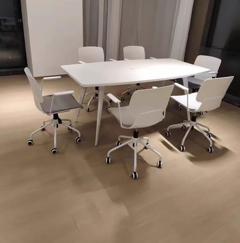Customer photo review of All-White Boat-Shaped Conference Table with Metal Legs
