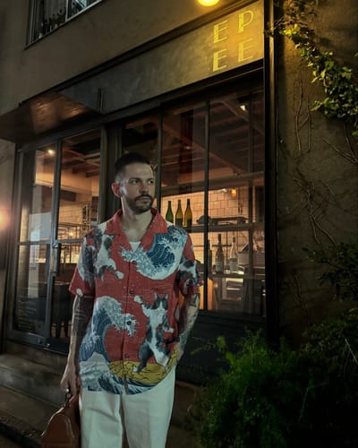 Customer photo review of Surfing Tattooed Cat Cotton Camp Shirt