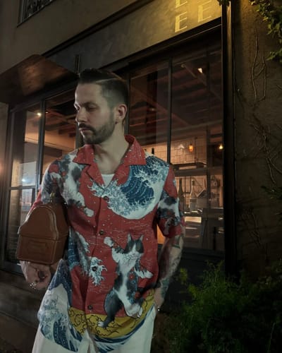 Customer photo review of Surfing Tattooed Cat Cotton Camp Shirt