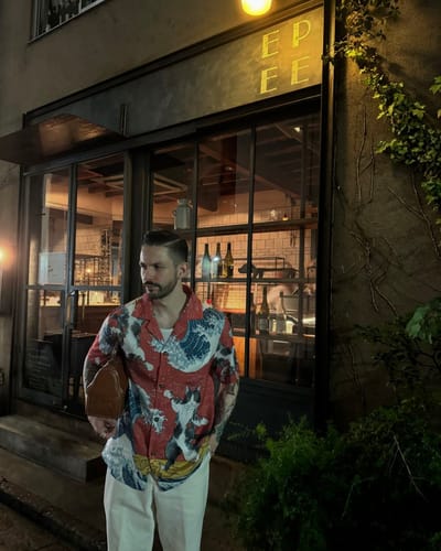 Customer photo review of Surfing Tattooed Cat Cotton Camp Shirt