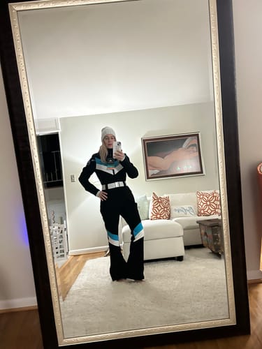 Customer photo review of Women's Navy Slim-Fit Waterproof One-Piece Ski Suits
