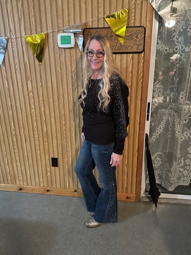 Customer photo review of Judy Blue Mid Rise Rhinestone Side Panel Detail Flares