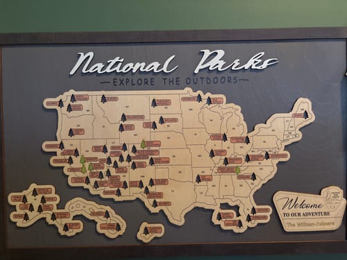 Customer photo review of US Wooden National Parks Travel Map With Trees To Record Park Visits (Light Grey)