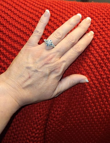 Customer photo review of Vintage Halo Moissanite With Sapphire Accents Engagement Ring
