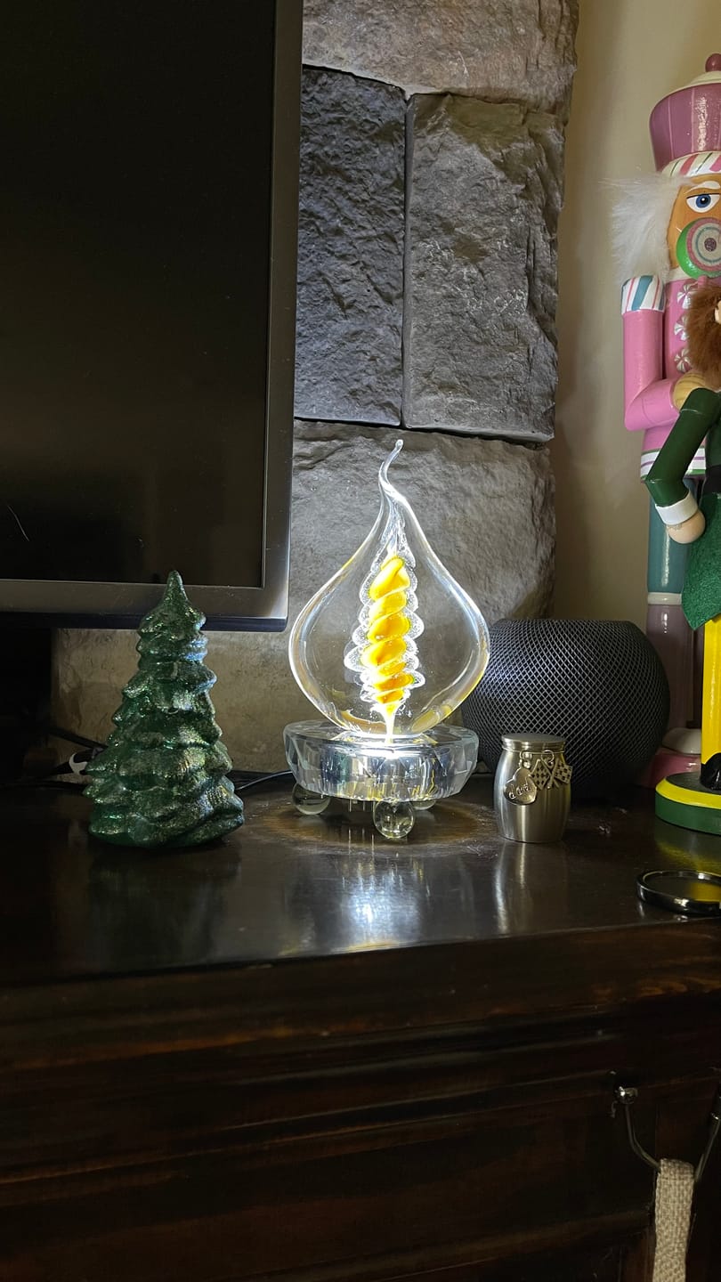 Customer photo review of Illuminated Memorial Glass Flame with Cremation Ashes