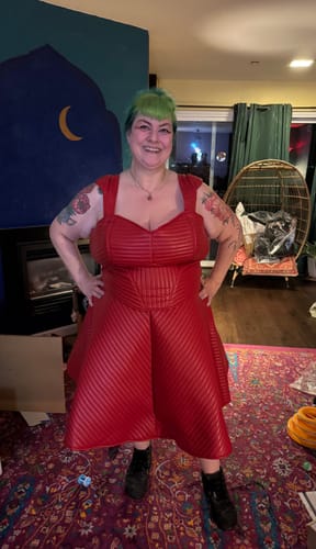 Customer photo review of FINAL SALE - BRAM STOKER'S DRACULA Quilted Order of the Dragon Armor Skater Skirt in Blood Red Vegan Leather