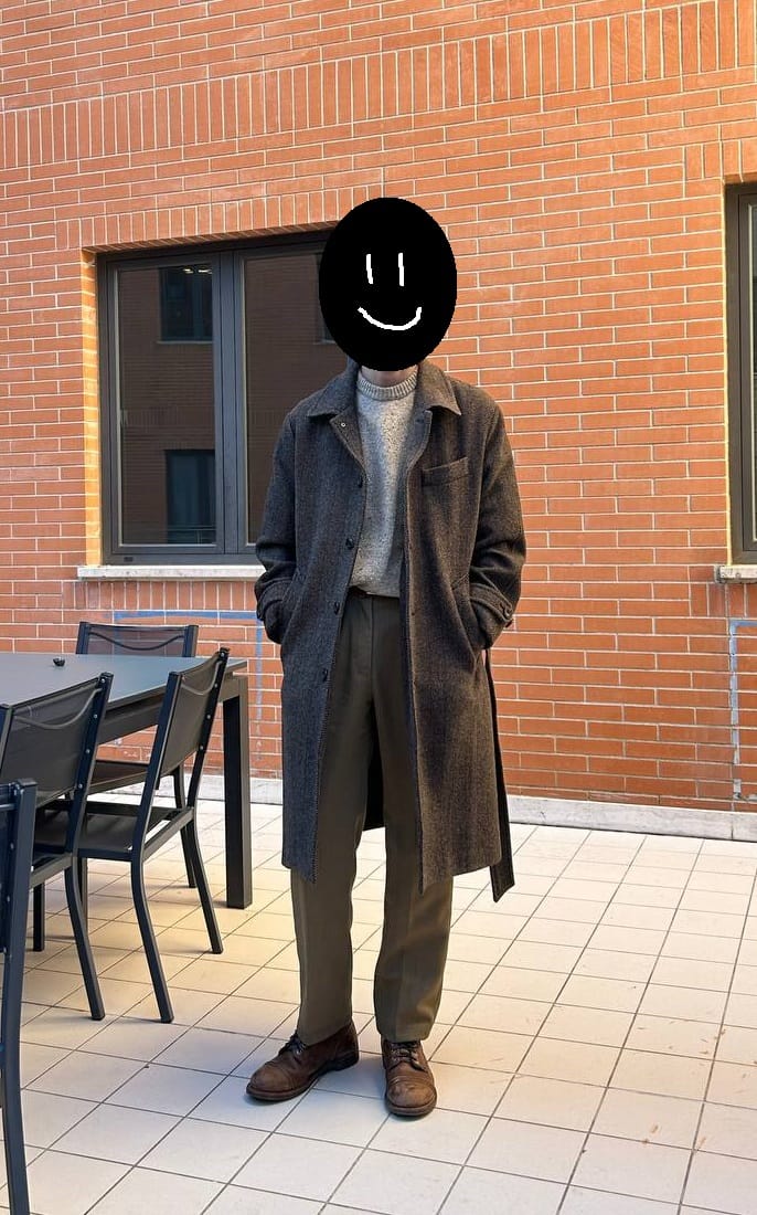 Customer photo review of 1920s Brown Herringbone Tweed Balmacaan Coat