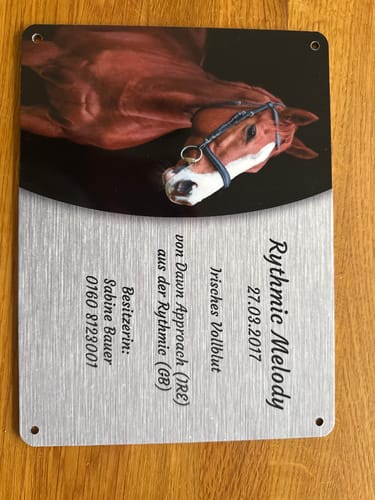 Customer photo review of Pferde Boxenschild mit Foto & Wunschtext (UV- und wetterfest)