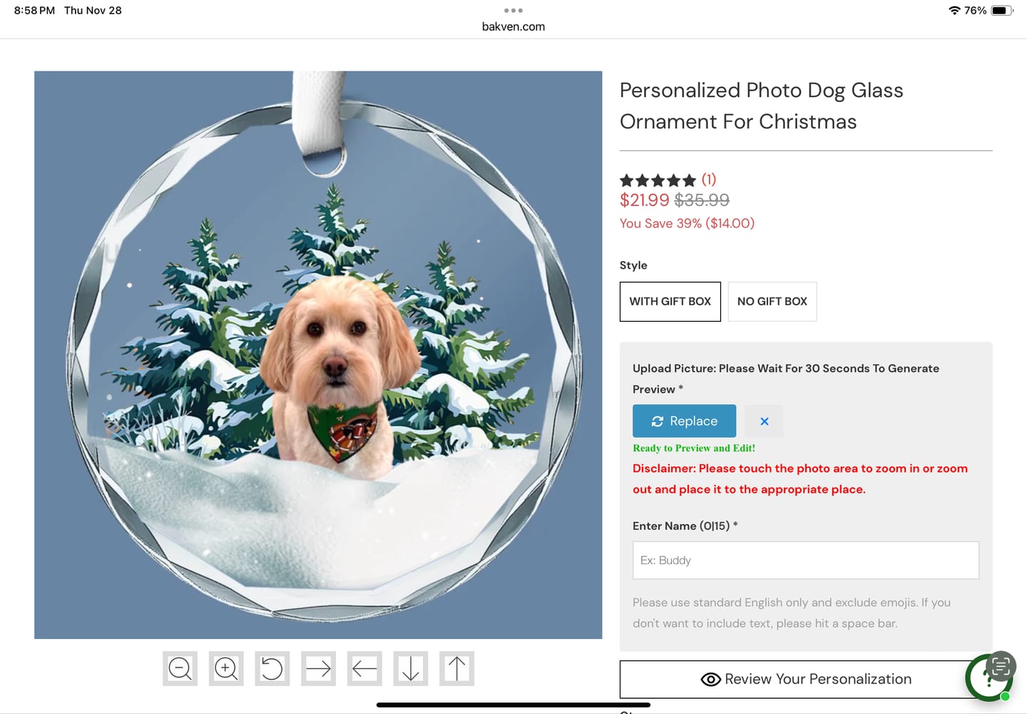 Customer photo review of Personalized Photo Dog Glass Ornament For Christmas