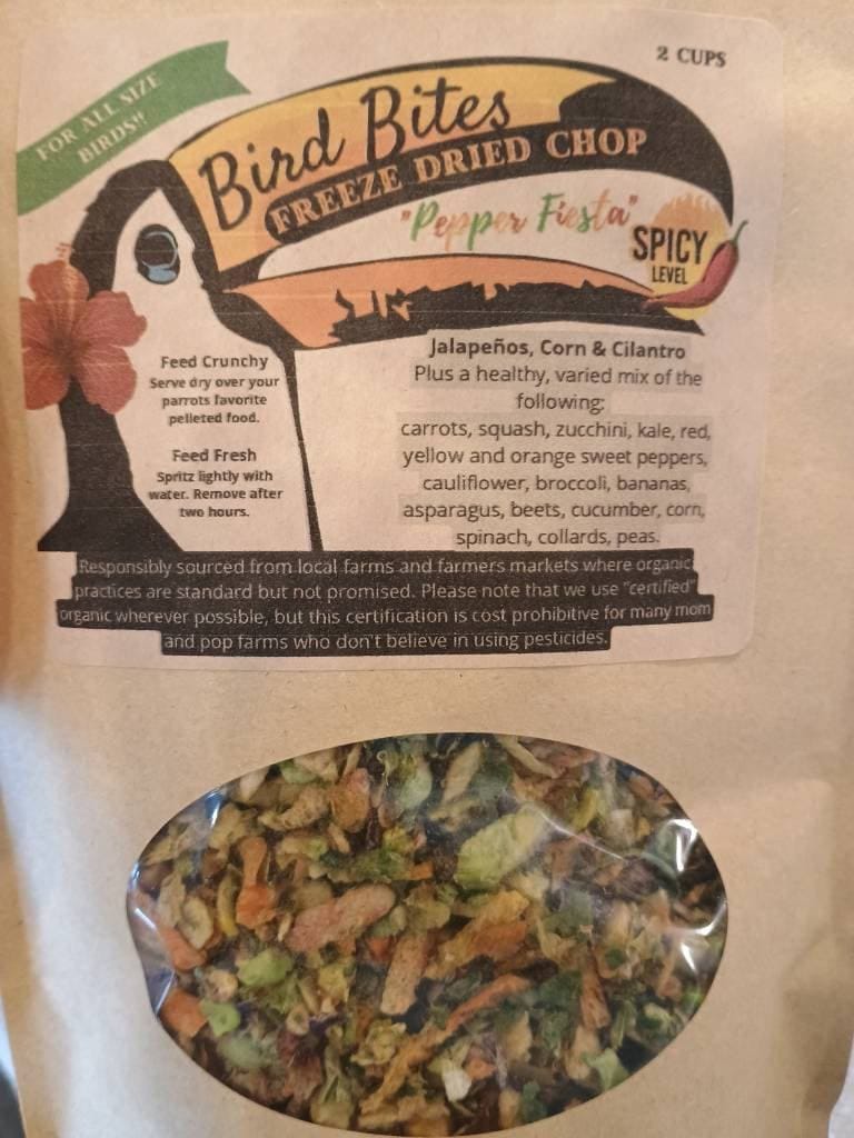Customer photo review of Bird Bites Freeze Dried Chop - Daily Fruits & Veggies, 4 Flavors to Choose From