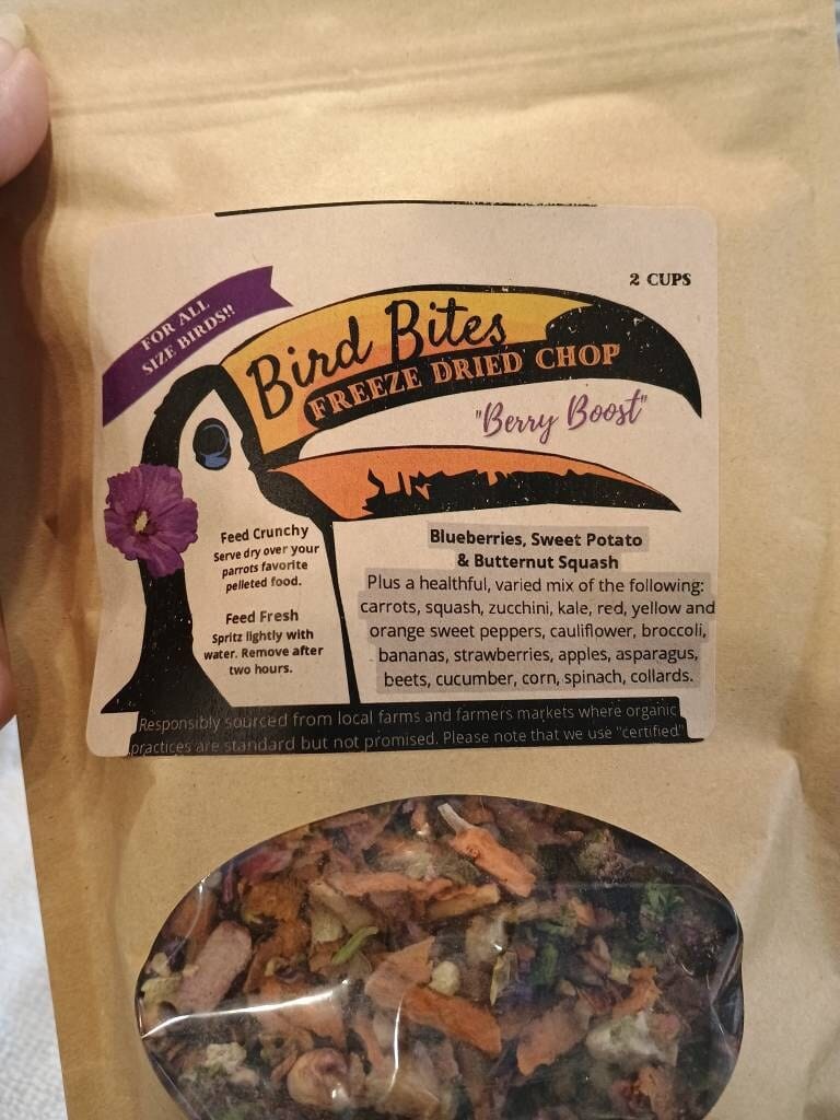 Customer photo review of Bird Bites Freeze Dried Chop - Daily Fruits & Veggies, 4 Flavors to Choose From