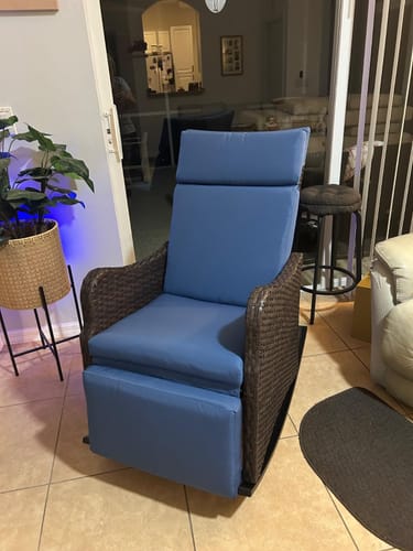 Customer photo review of Homrest Outdoor Recliner Chair, Rattan Wicker Rocking Chair with Cushion, Blue