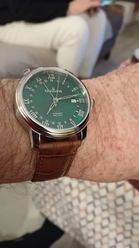 Customer photo review of Oceaneva Men's OceanTrek GMT Automatic 200m Leather Watch Green