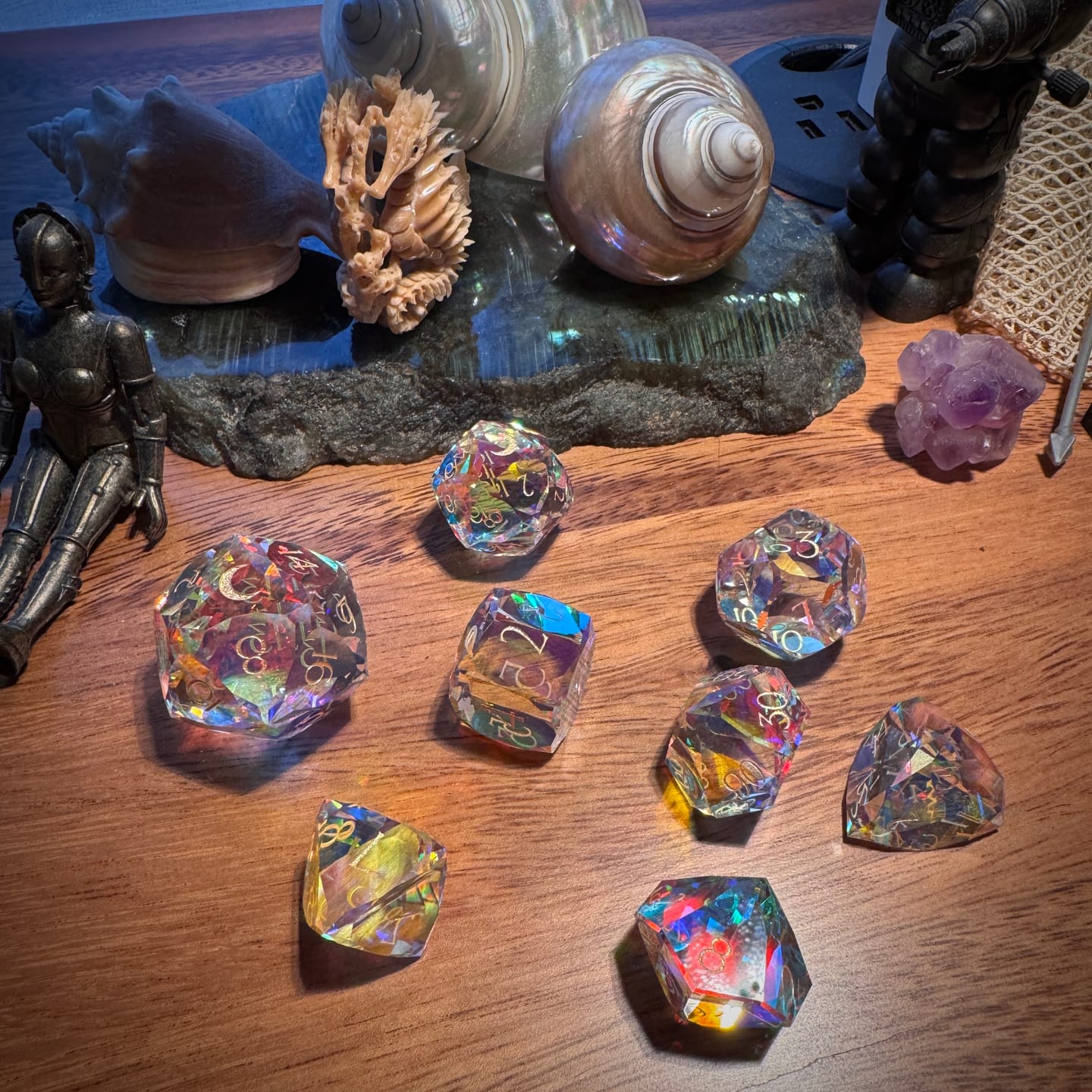 Customer photo review of URWizards D&D Multi-faceted Prism Glass Engraved Dice Set Moon Style