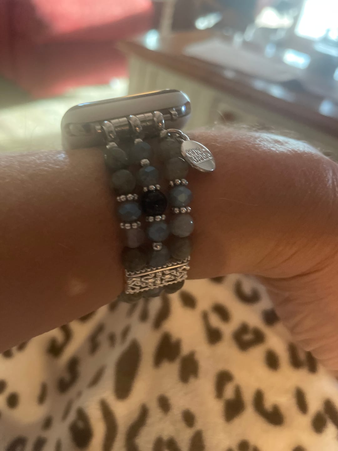 Customer photo review of Artisanal Labradorite Indigo Stretch Apple Watch Strap