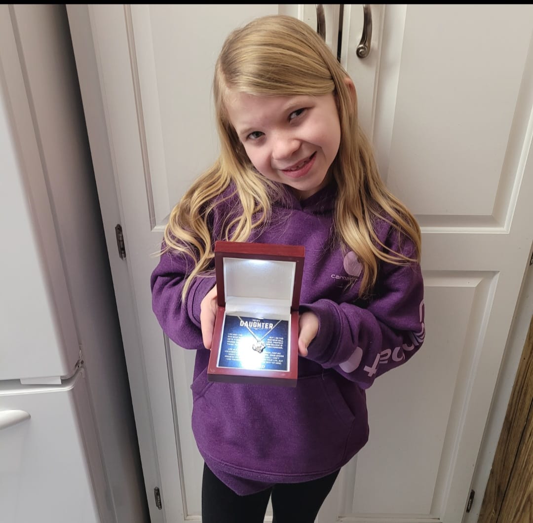 Customer photo review of Gift For Daughter From Dad, "Crown Might Tilt But Don't Ever Let It Fall", Knot Necklace