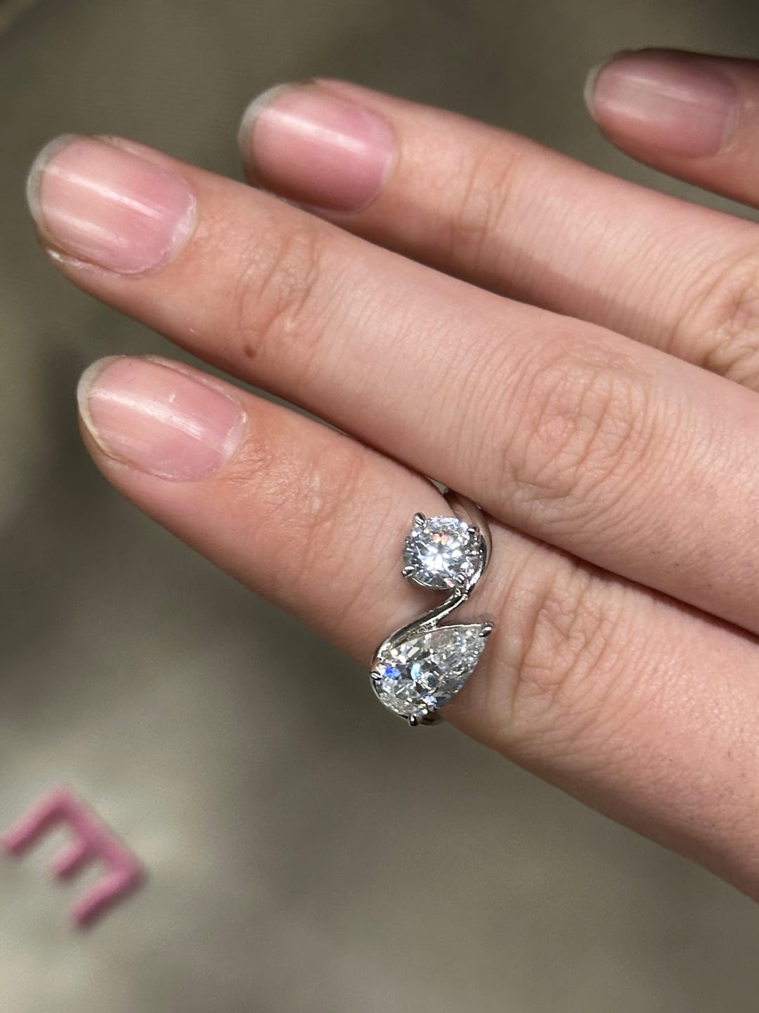 Customer photo review of Louily Unique Double Stones Design Pear & Round Cut Engagement Ring In Sterling Silver
