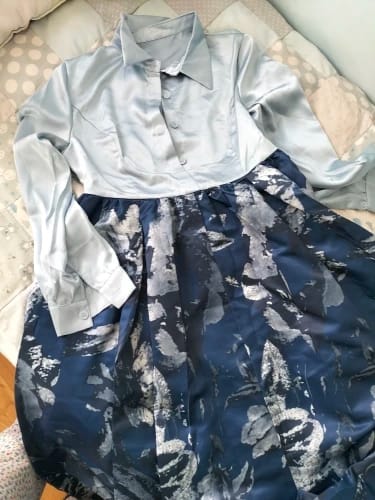 Customer photo review of Floral Patchwork Maxi Dress Turndown Collar Long Sleeve Bowknot Pocket — Navy | KIMLUD