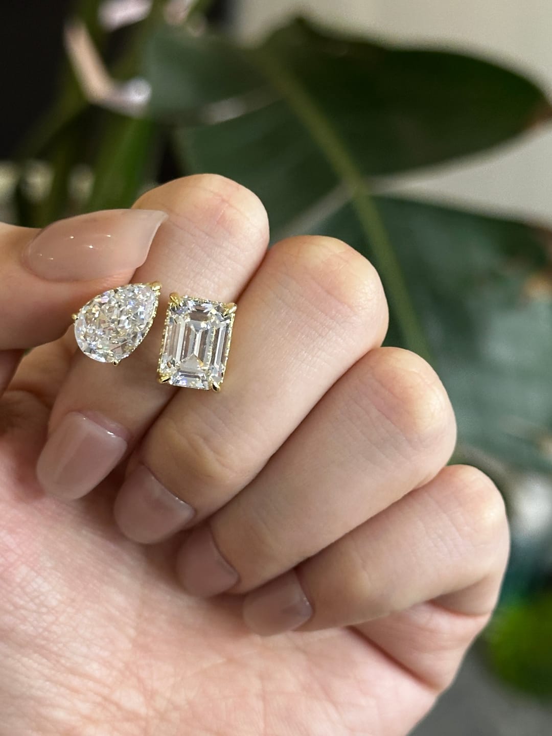 Customer photo review of Louily Unique Double Stones Design Emerald Cut & Pear Cut Engagement Ring
