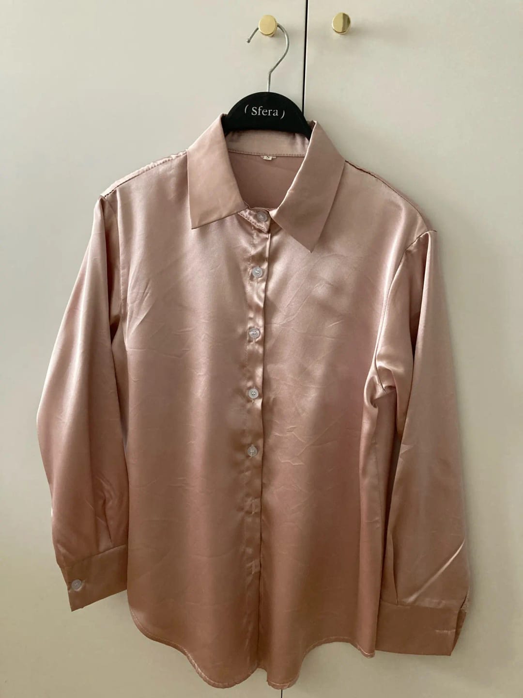 Customer photo review of Satin Long Sleeve Shirt Blouse With Lapel — Champagne | KIMLUD