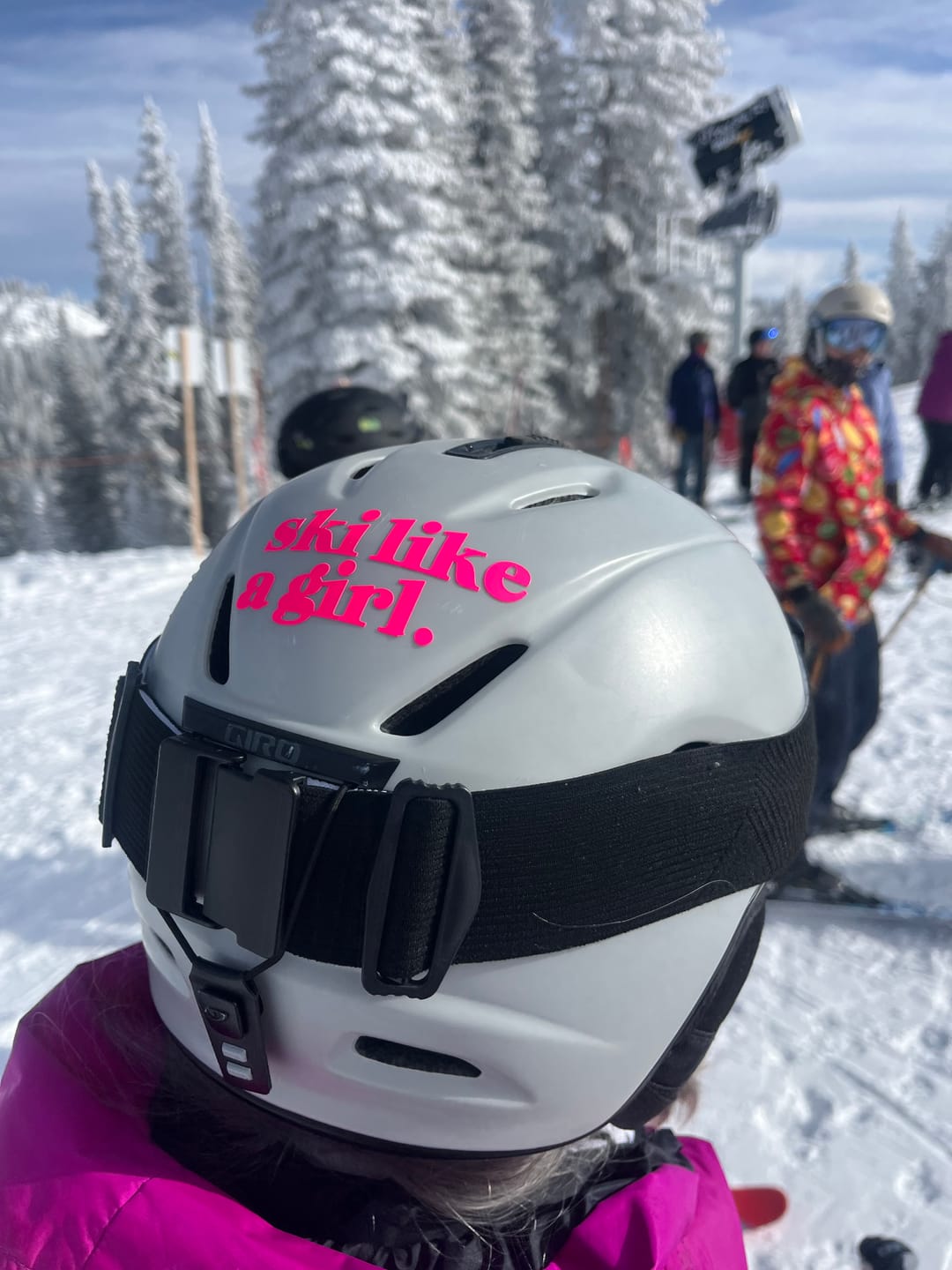 Customer photo review of Ski Like a Girl Transfer Sticker – Neon Pink