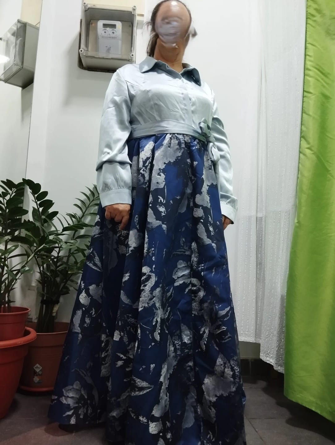 Customer photo review of Floral Patchwork Maxi Dress Turndown Collar Long Sleeve Bowknot Pocket — Navy | KIMLUD