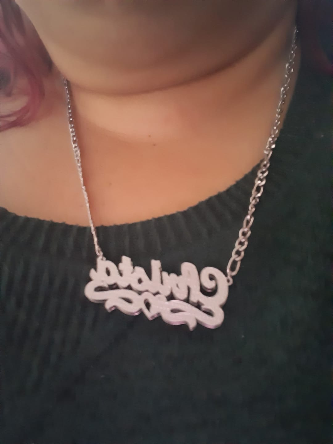Customer photo review of Double Plated Heart Twirl Name Necklace w/ Figaro Chain