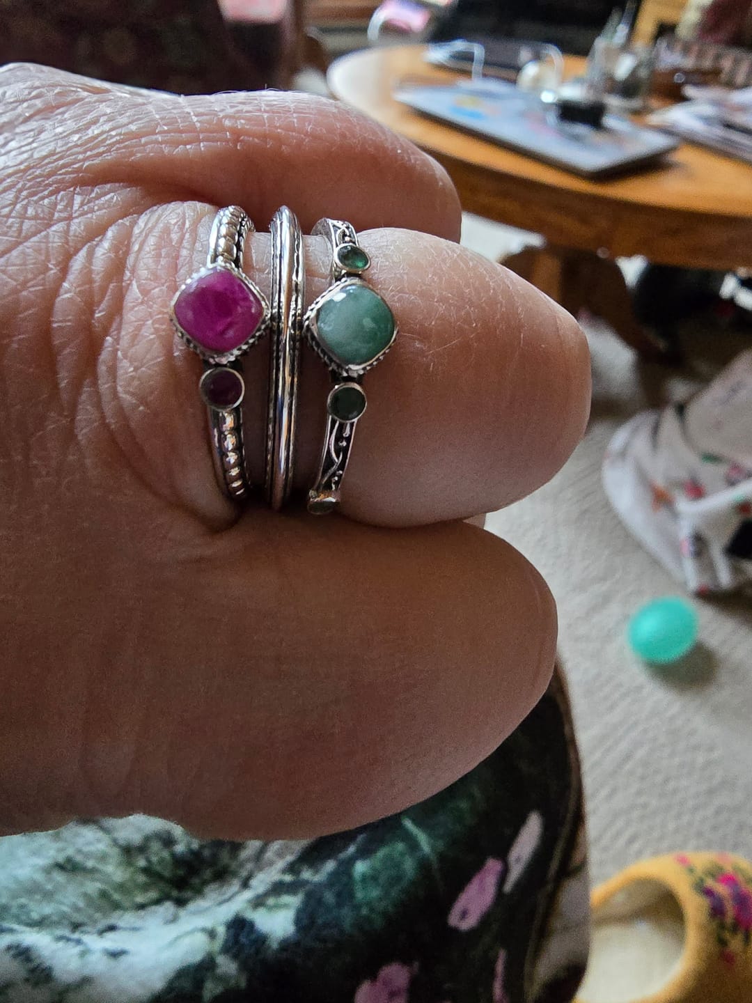 Customer photo review of Ruby and Emerald Stackable Ring Set