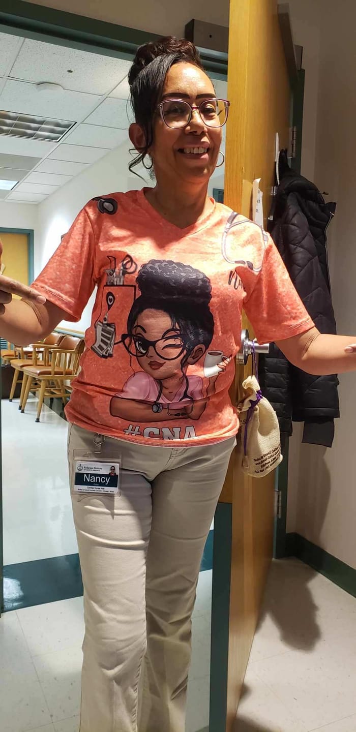 Customer photo review of Pretty Doll Nurse Scrub CNA RN Healthcare Worker Personalized V-neck 3D T-shirt