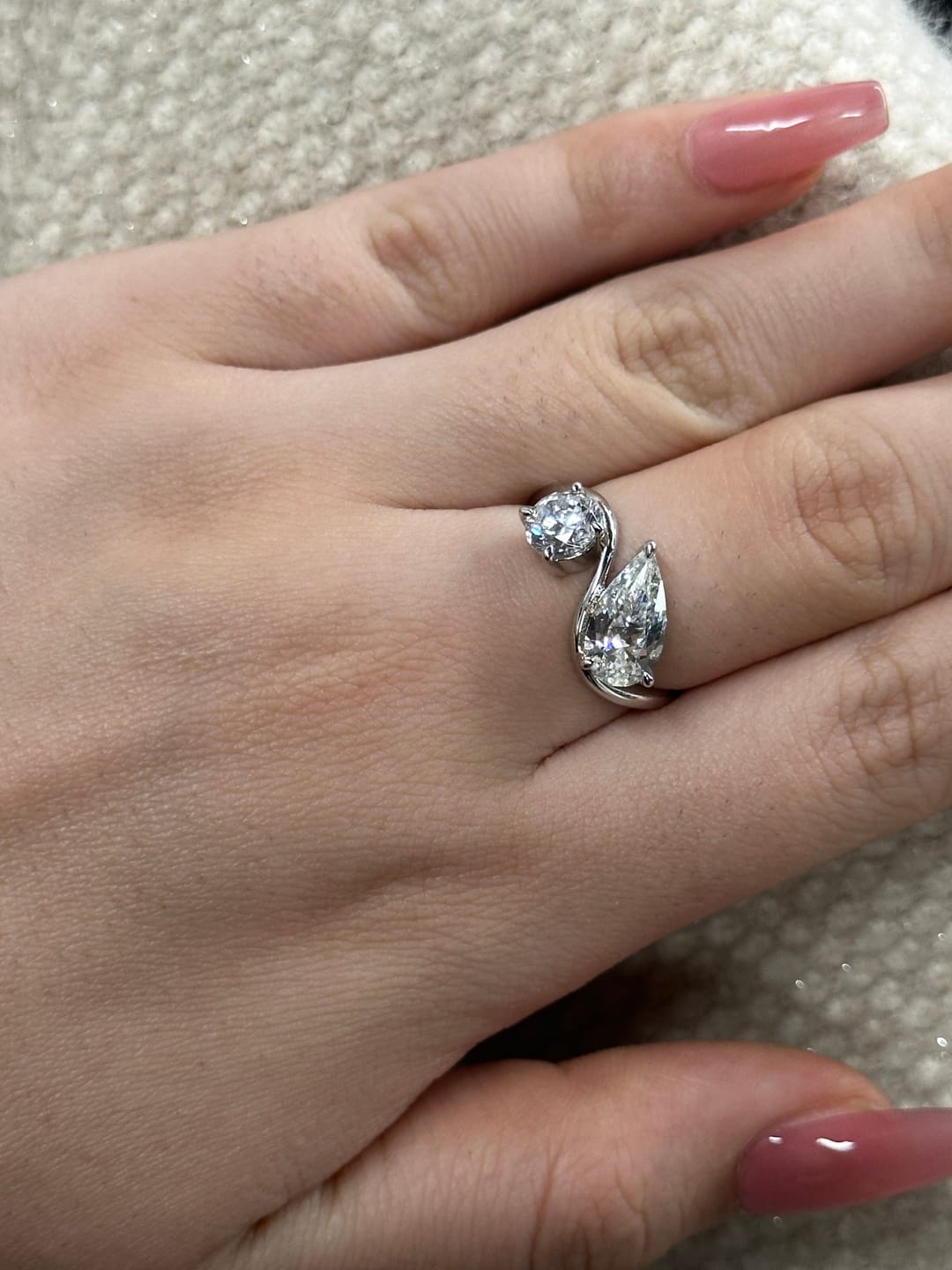 Customer photo review of Louily Unique Double Stones Design Pear & Round Cut Engagement Ring In Sterling Silver