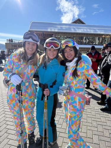 Customer photo review of Women's Slim-Fit Stretch Faux Fur Tan Houndstooth One-Piece Ski Suit