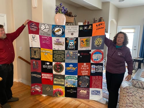 T-shirt quilt with beer, fishing themes by David from CO