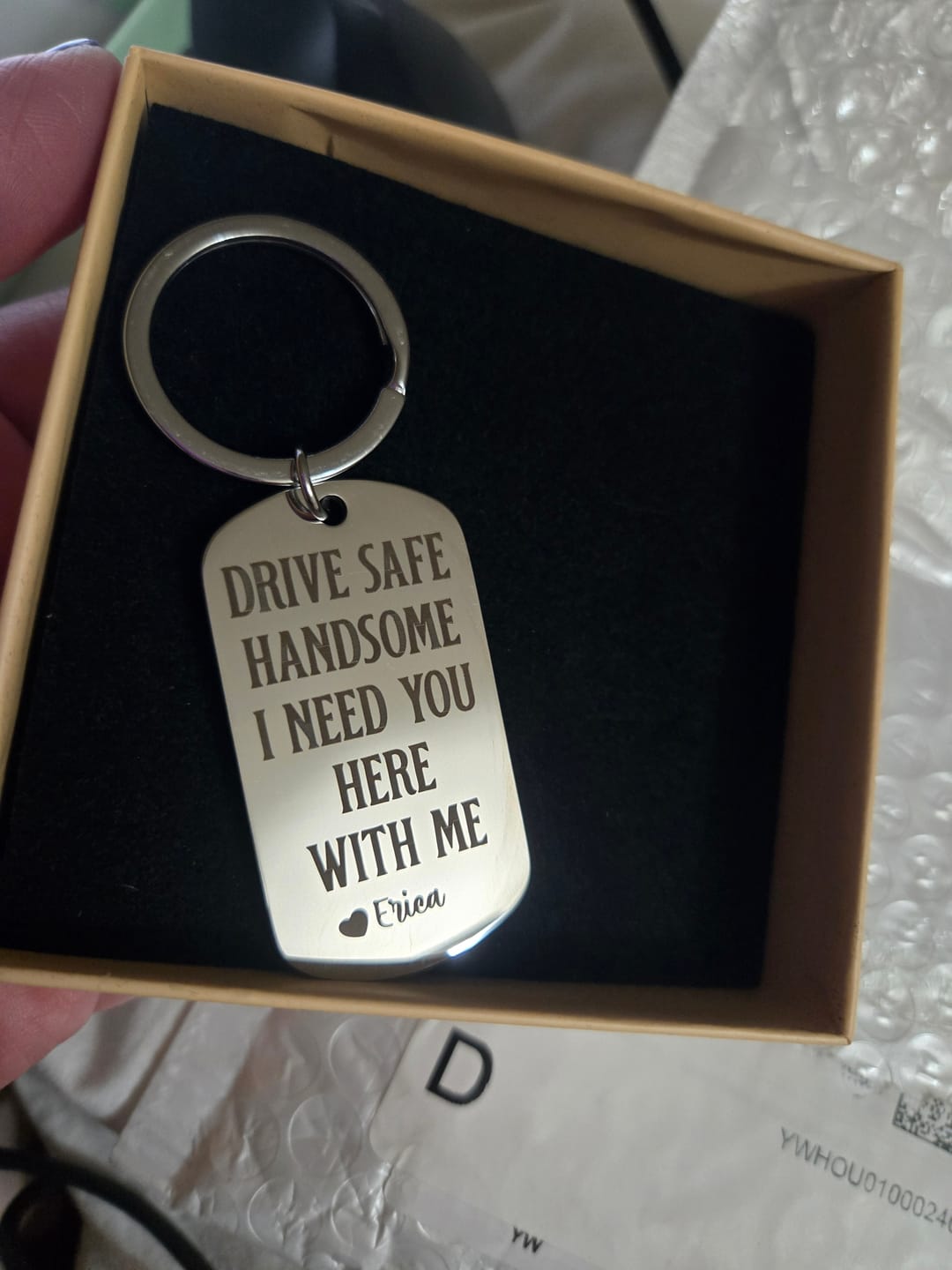Customer photo review of Drive Safe - Personalized Engraved Stainless Steel Keychain