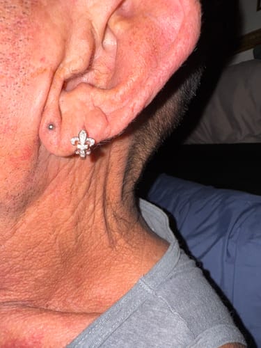 Customer photo review of Fleur De Lis CZ Small Huggie Earrings in Sterling Silver 0.5"