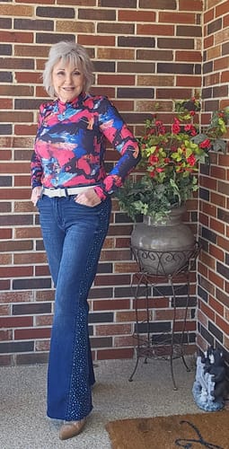Customer photo review of Judy Blue Mid Rise Rhinestone Side Panel Detail Flares