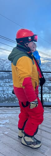 Customer photo review of Men's Neon Red Insulated Baggy Snow Pants With Detachable Suspenders