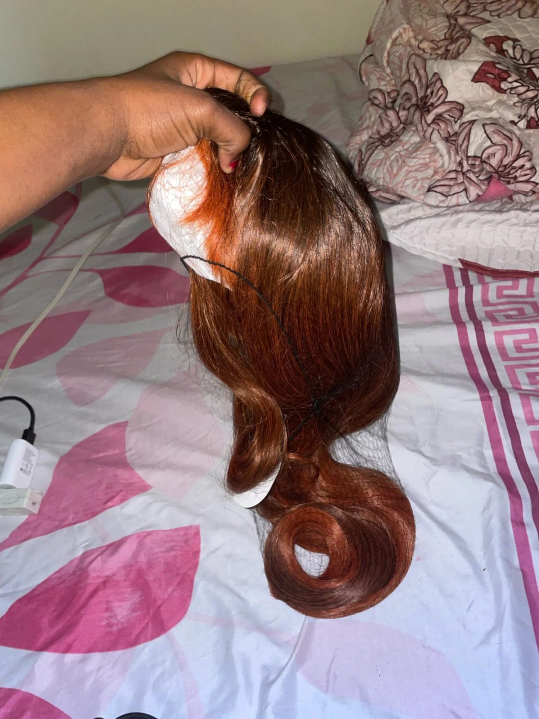 Customer photo review of Synthetic Hair Wig Long Body-Wave With Bangs — Ombre Honey Brown | KIMLUD