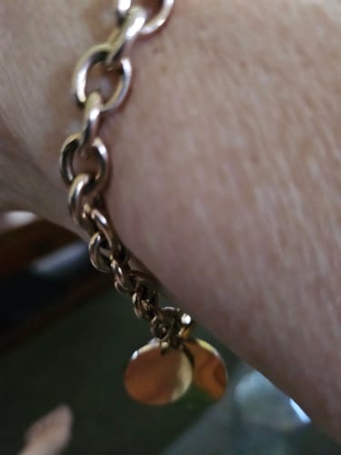 Customer photo review of Hammered Disc Charm Belcher T-Bar Toggle Bracelet in Rose Gold Layered Steel Jewellery