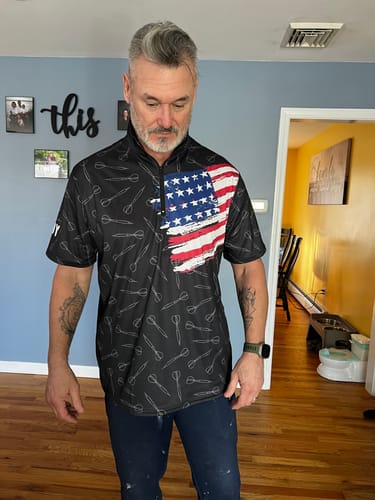 Customer photo review of American Flag Dart Quarter-Zip Shirt Custom Patriotic Darts Shirt For Men Dart Team Jersey LDT0800