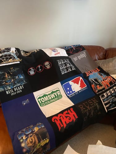 T-shirt quilt with music, baseball themes by Brenda from NH
