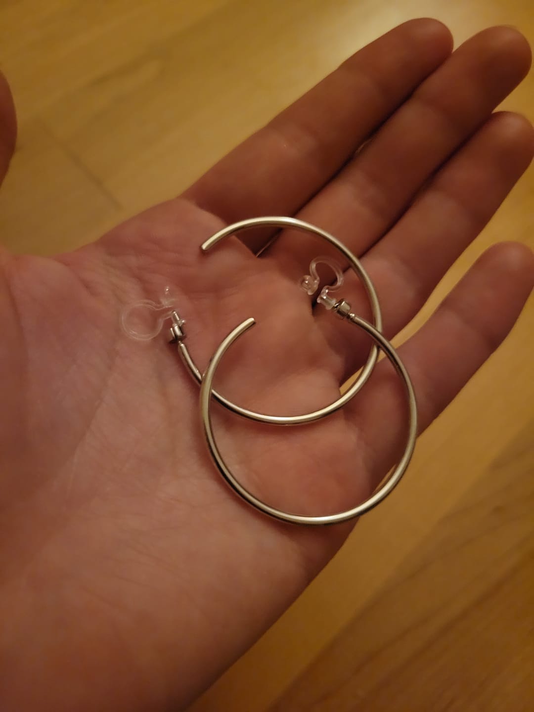 Customer photo review of Large Thin Hoop Clip On Earrings in Silver