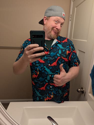 Customer photo review of Tropical Dinosaur Green Aloha Button Up Shirt