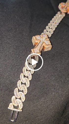 Customer video review of CUSTOM CLASP 15MM Moissanite Baguette Cross Miami Cuban Link Chain 14K Gold