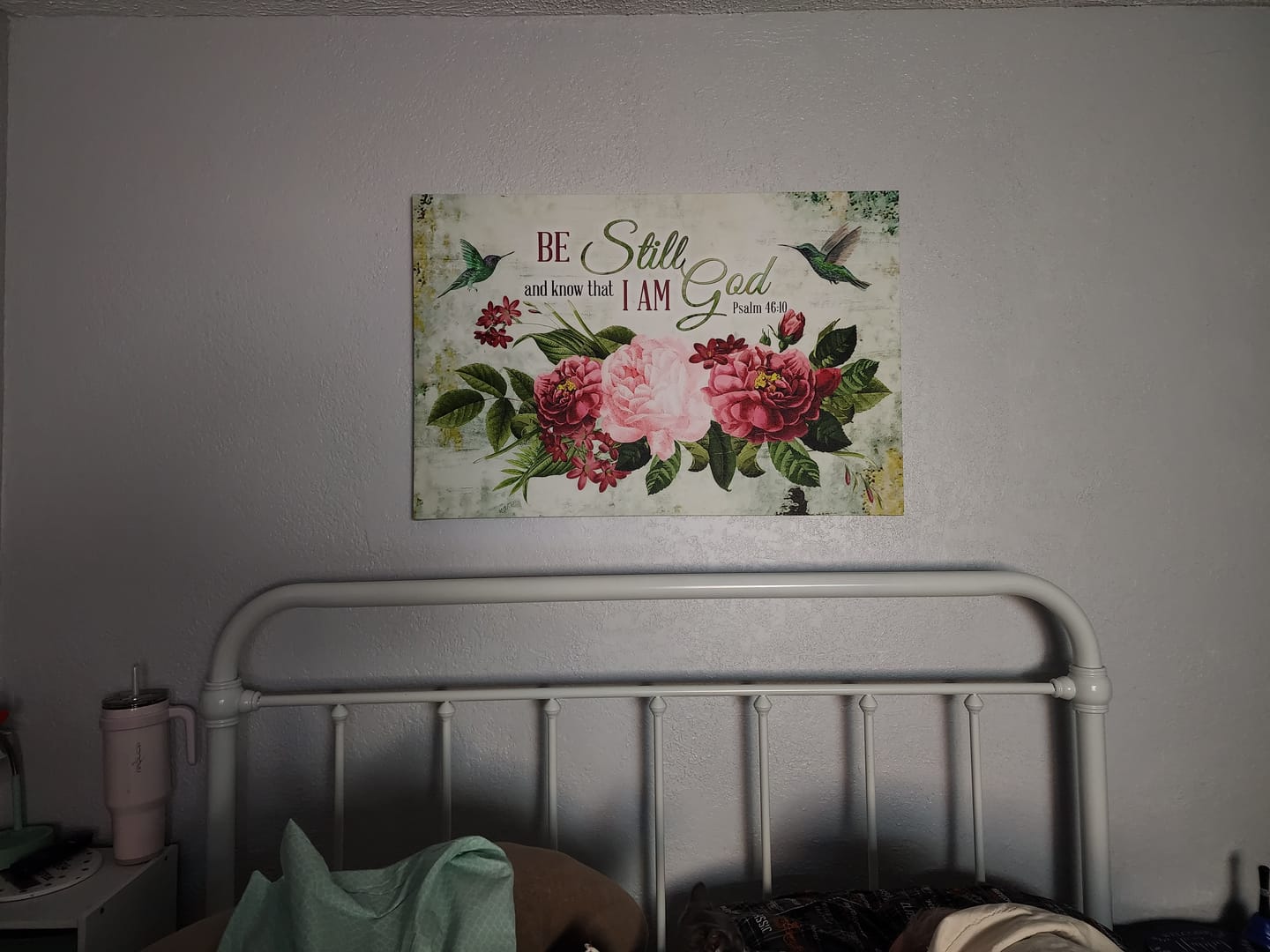 Customer photo review of Be Still and Know That I Am God, Vintage Flower Hummingbird, Wall art canvas